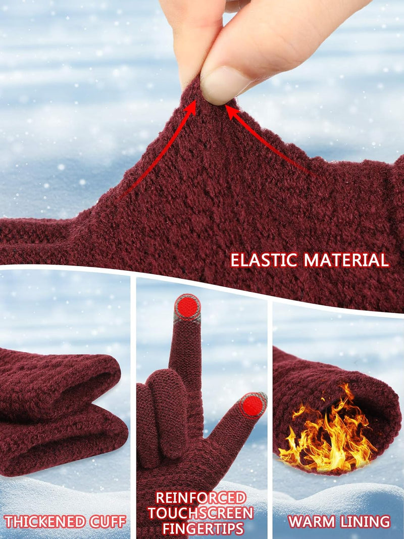 4 Pieces Women Winter Hat and Glove Set, Warm Knitted Beanie Hat Glove Snow Ski Skull Cap with Visor and Touchscreen Glove