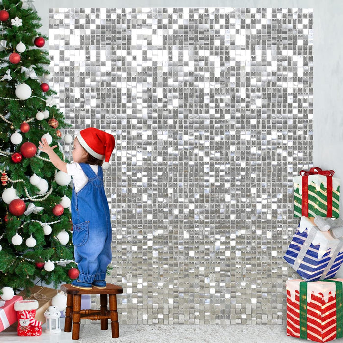 LuoluoHouse Shimmer Wall Panel Sequin Backdrop Panels 12 Packs-Iridescent Silver Backdrop for Graduation Anniversary Backdrop Wall Backdrops Engagement Decoration