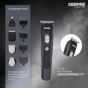 Geepas GTR8612N 11-in-1 Rechargeable Grooming Set 3.7V DC Hair/Bread/Nose/Ear/Body Trimmer 5 Changeable Heads Li-Ion Battery 60mins Working Time LED Display 4 Combs Attachments