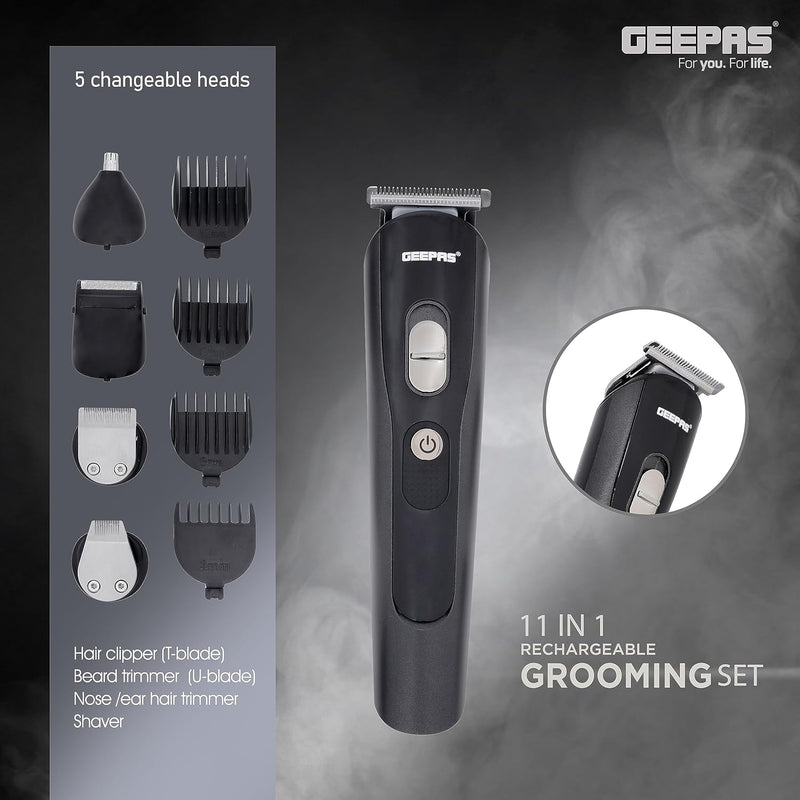 Geepas GTR8612N 11-in-1 Rechargeable Grooming Set 3.7V DC Hair/Bread/Nose/Ear/Body Trimmer 5 Changeable Heads Li-Ion Battery 60mins Working Time LED Display 4 Combs Attachments