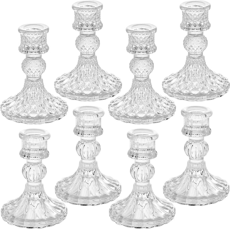 SuproBarware Clear Glass Candlestick Holders,8 pcs Set Include Taper Candle Holders and Stripe Candle Holders,Two Style for Formal Events, Wedding, Festival,Church, Party & Festival Decoration