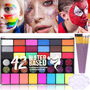 42-Color Oil-Based Face & Body Paint Kit - Professional Waterproof Makeup Palette with Glitter, Pearl & Fluorescent Shades + 10 Brushes & Mixing Palette - for Halloween, Cosplay & Carnival