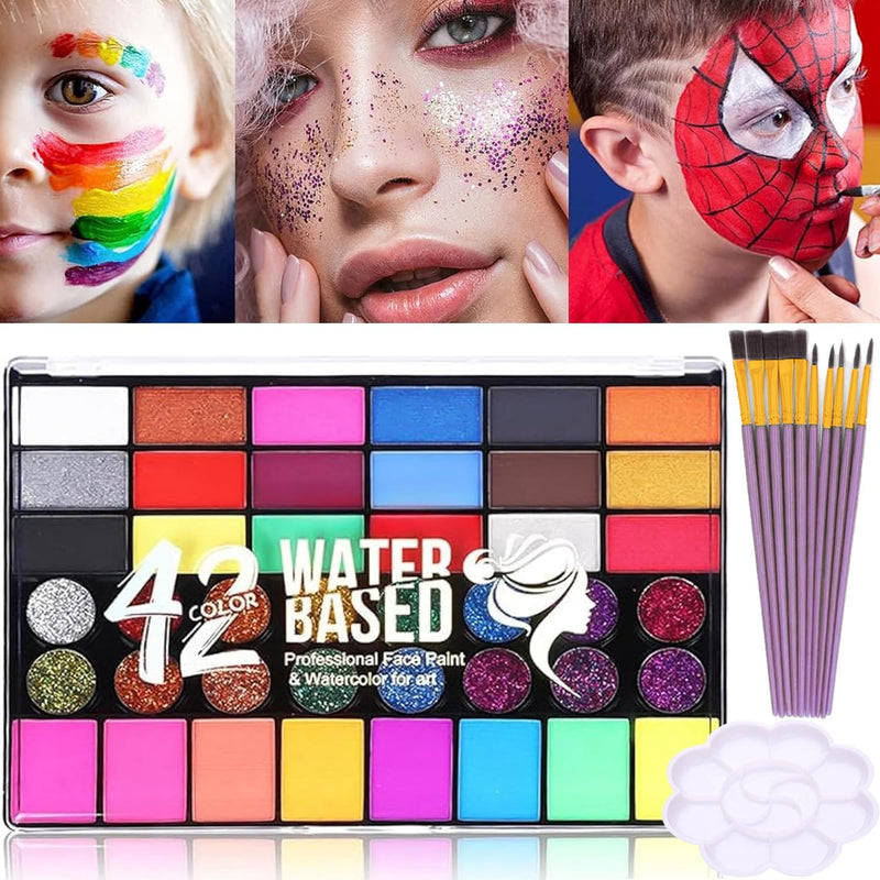 42-Color Oil-Based Face & Body Paint Kit - Professional Waterproof Makeup Palette with Glitter, Pearl & Fluorescent Shades + 10 Brushes & Mixing Palette - for Halloween, Cosplay & Carnival
