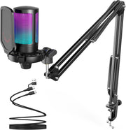 FIFINE Gaming PC USB Microphone, Podcast Condenser Mic with Boom Arm, Pop Filter, Mute Button for Streaming, Twitch, Online Chat, RGB Computer Mic for PC Gamer Youtuber-AmpliGame A6T - Black