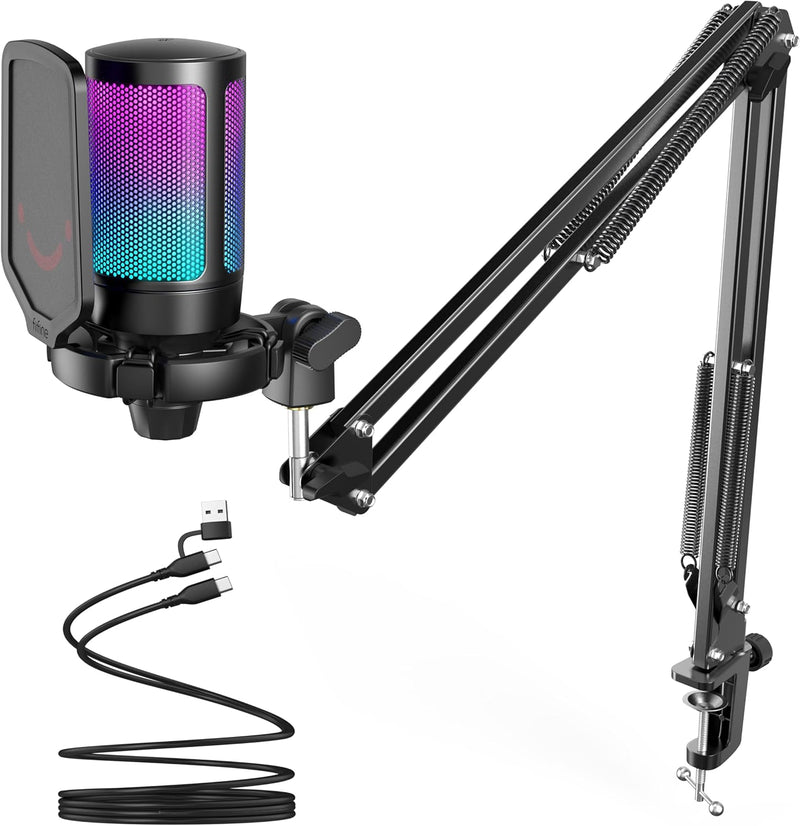 FIFINE Gaming PC USB Microphone, Podcast Condenser Mic with Boom Arm, Pop Filter, Mute Button for Streaming, Twitch, Online Chat, RGB Computer Mic for PC Gamer Youtuber-AmpliGame A6T - Black