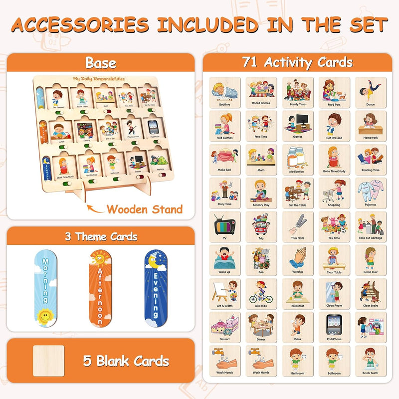 Wooden Visual Schedule for Kids Chore Chart, Morning Bedtime Daily Routine Chart for Toddlers, Autism Learning Materials for Homeschool Classroom,76 Wooden Cards.