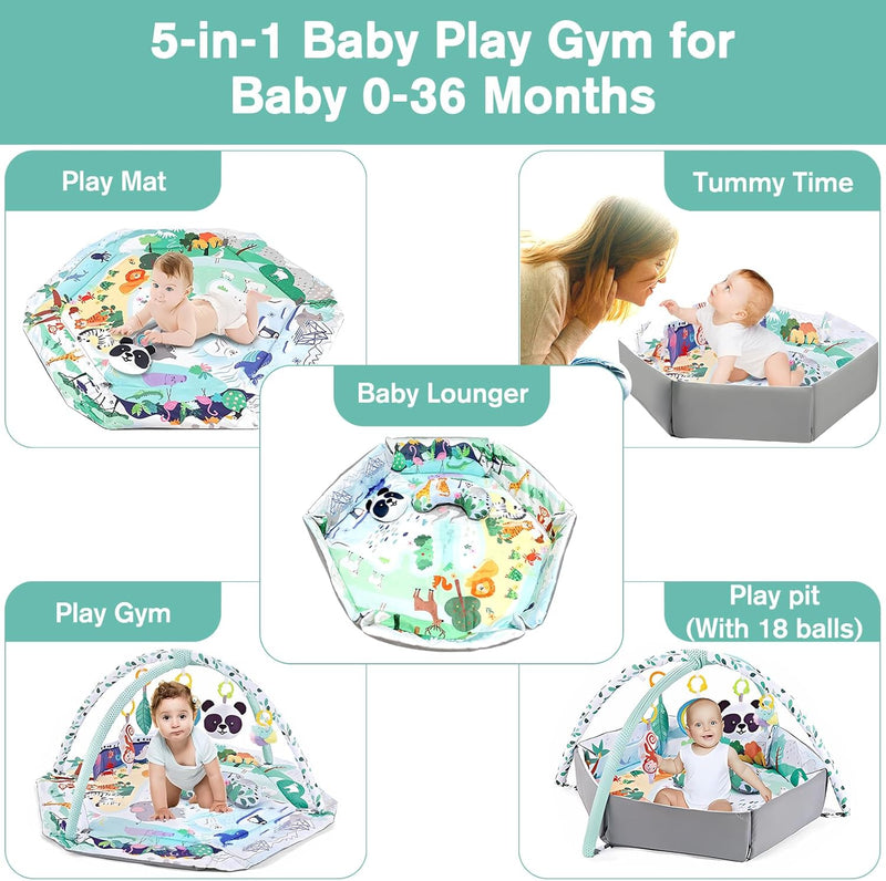 TFDER 7-in-1 Baby Play Gym, Infant Non-Slip Activity Blanket, Crawling Mat with Play Arch and Sensory Toys,Baby Toys 0+ Months,Black and White