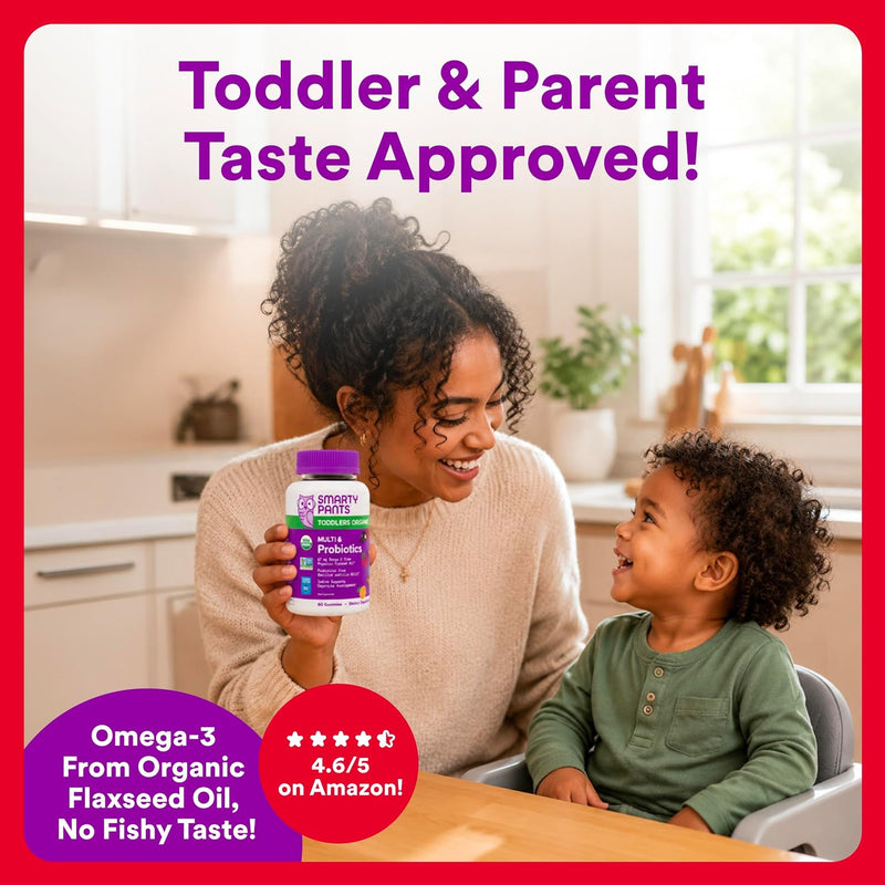 Organic Toddler Multivitamin, Daily Gummy Vitamins: Probiotics, Vitamin C, D3, Zinc, & B12 for Immune Support, Energy & Digestive Health, Fruit Flavor, 60 Gummies, 30 Day Supply