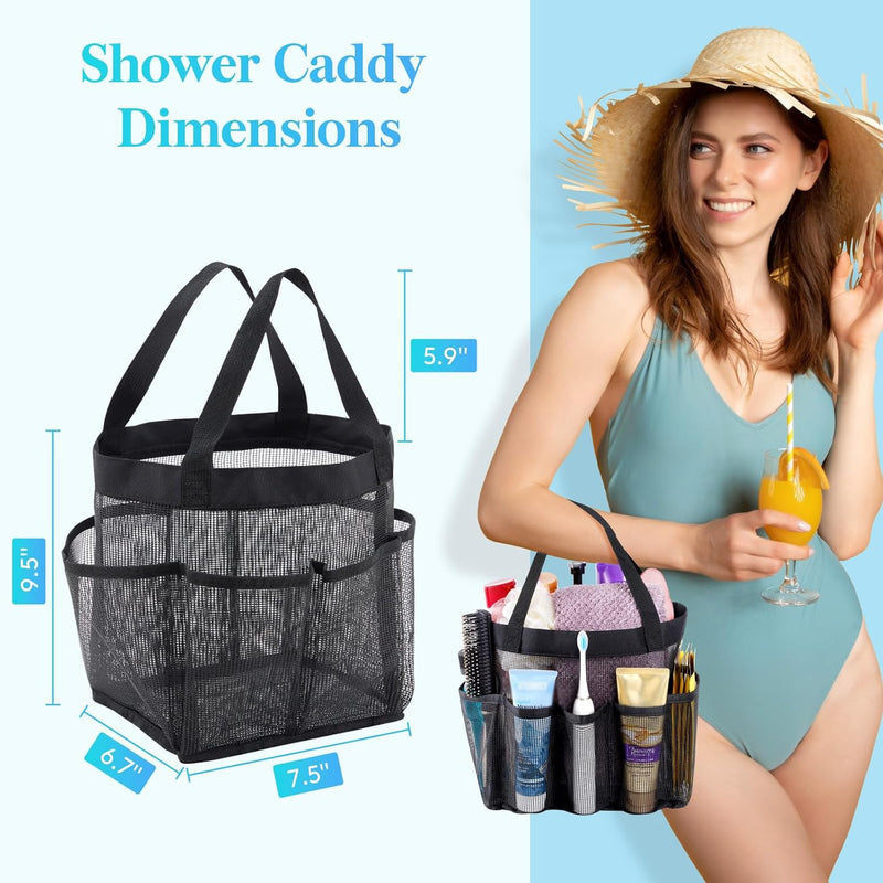 Mesh Shower Caddy with 7 Pockets and Handle, Portable Hanging Organizer Basket for College Dorm Room Essentials, Quick Dry Tote Bag for Camping, Bathroom, Beach, Travel, Black