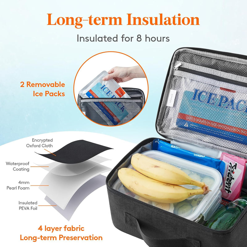 Freezable Lunch Box, Insulated Reusable Lunch Bag with 2 Ice Packs, Mini Cooler Snack Bag for Bento Box for Salad, Sandwich, Snacks for Boys/Girls/Men/Women for School/Work/Daycare, Black