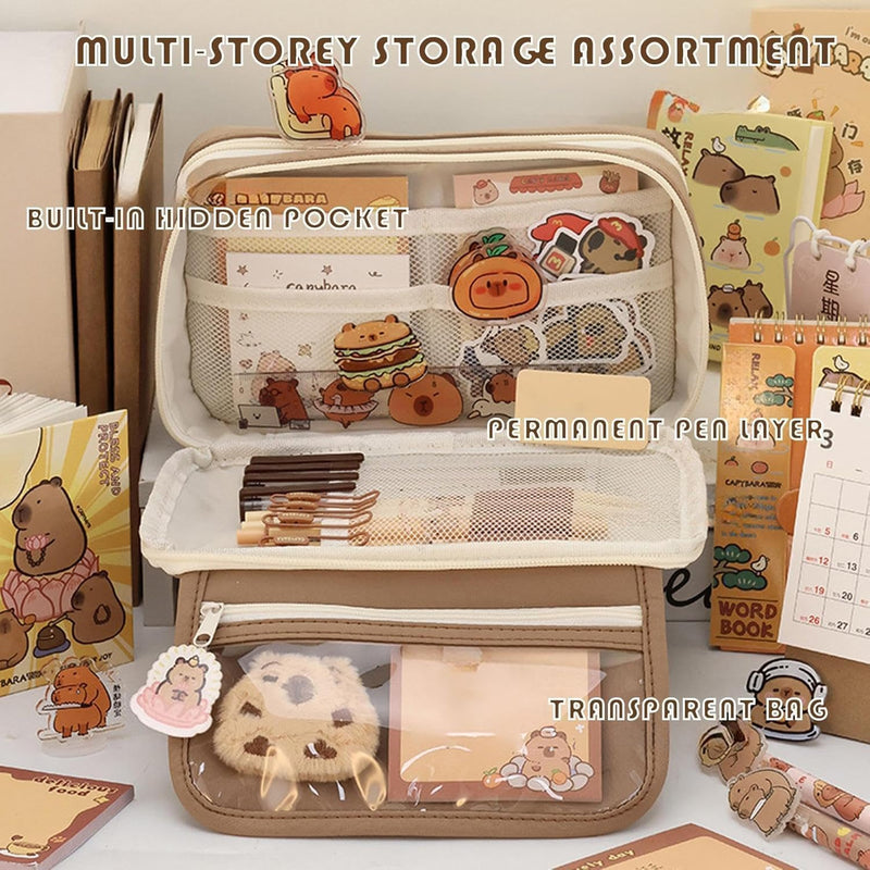 Cute Capybara Pencil Case, Capybara School Supplies, Clear Aesthetic Pencil Pouch with Cute Capybara Pins and Plush, Large Capacity Multi-layers Pen Case
