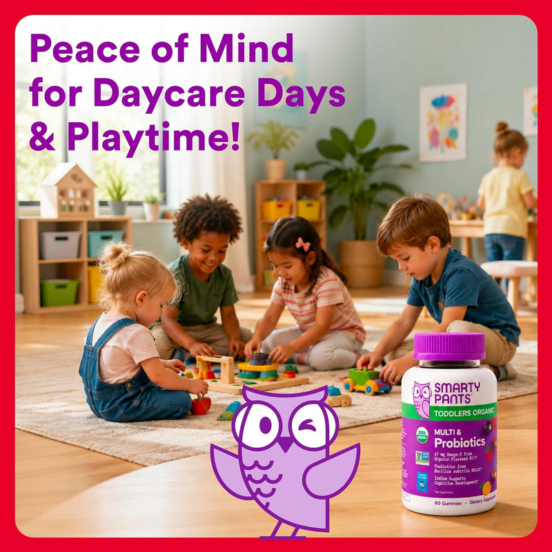 Organic Toddler Multivitamin, Daily Gummy Vitamins: Probiotics, Vitamin C, D3, Zinc, & B12 for Immune Support, Energy & Digestive Health, Fruit Flavor, 60 Gummies, 30 Day Supply