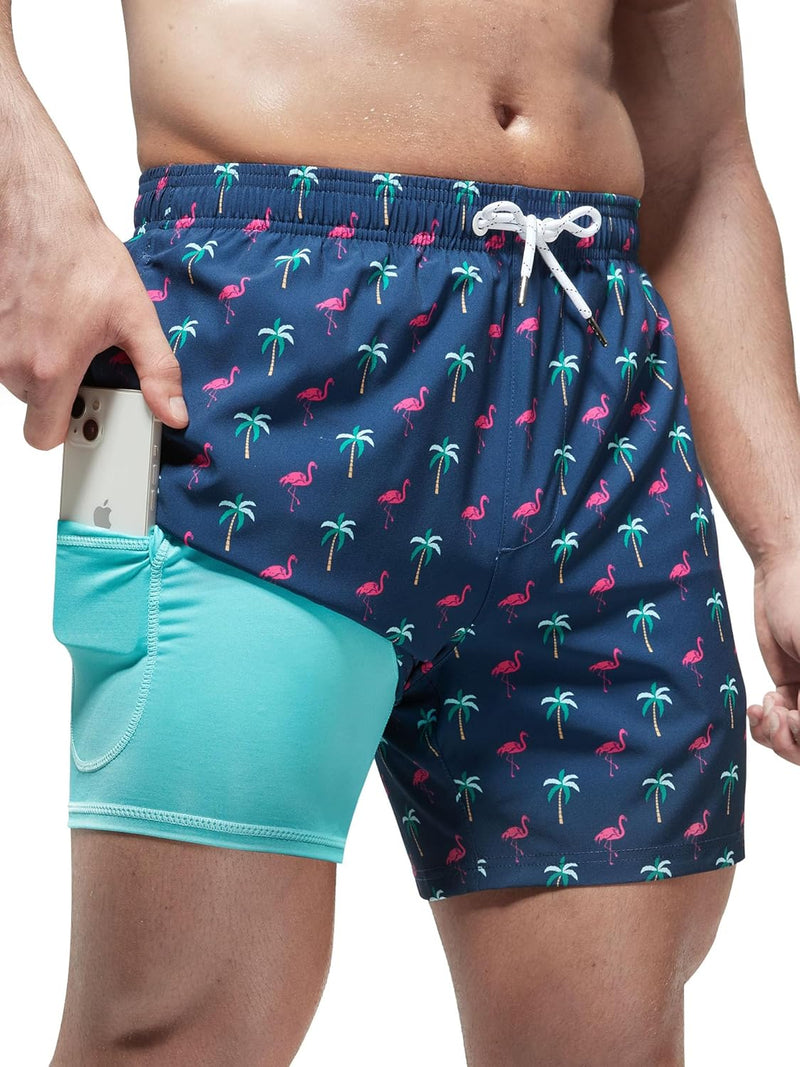 Men's Swimming Trunks with Compression Liner 2 in 1 Casual Swim Shorts Short 5.5 Inch Quick Drying Board Shorts Beach Shorts with Zip Pocket S - XXL - coconut tree flame bird