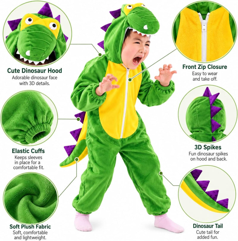 Doodle Kiddo Dinosaur Costume for Kids 3-8 Years, Green Hooded Dino Jumpsuit for Boys & Girls, Animal Costume, Halloween Fancy Dress Outfit, Dinosaur Party, Cosplay & Role Play