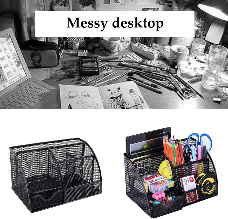 KASTWAVE Mesh Desk Organizer, Office Desk Organizer and Accessories, All in One Desk Organizer Pencil Holder with Drawer, Desktop Organizer with More Space for Office Supplies and Desk