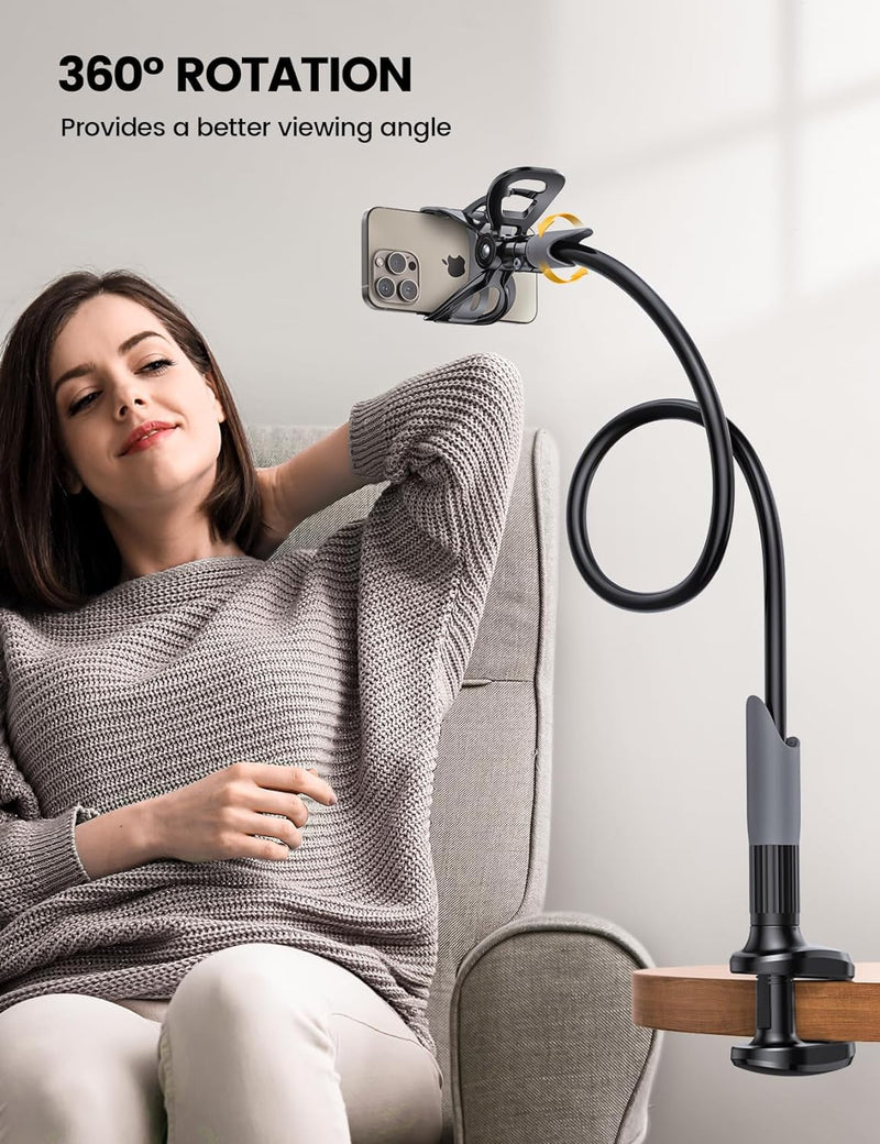 Lamicall Gooseneck Phone Holder for Bed - Cell Phone Mount Clamp Clip, Flexible Long Arm, Overhead Mount for Desk Headboard Bedside, for iPhone 16 Pro Max, 15 Pro Max, 14 Plus, 13 Mini & 4-7" Phone - black