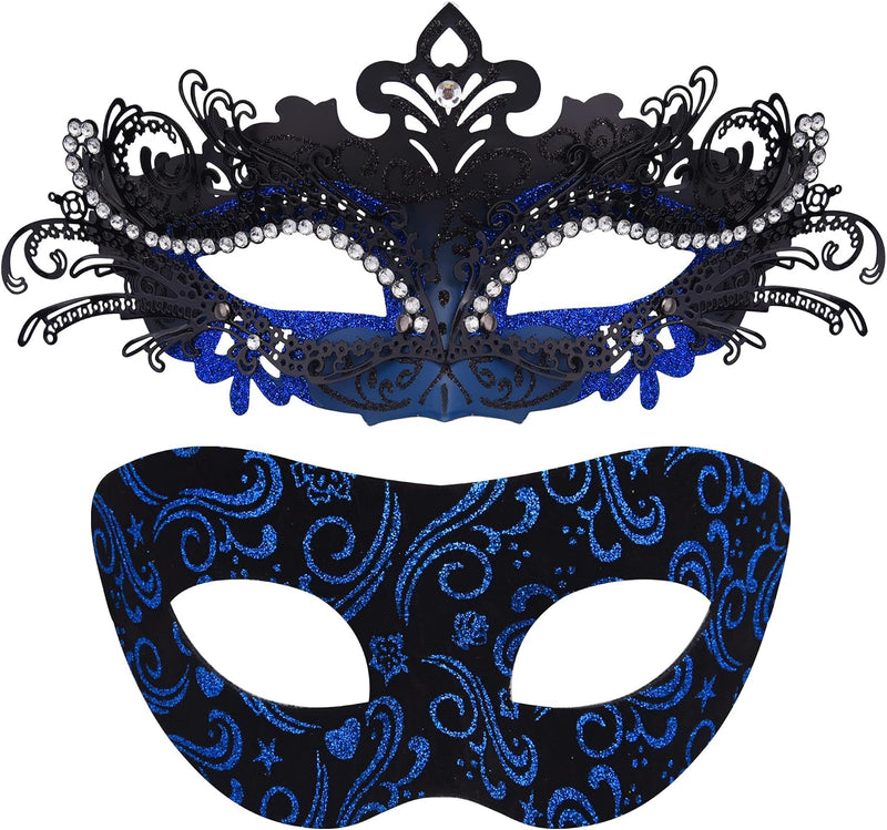 2 Stck Venezianische Maske Paar Maskerade Mask Venezianischen Maske Kostm Masken fr Damen Herren Halloween Karneval Party - Alloy Inlaid Black & Blue