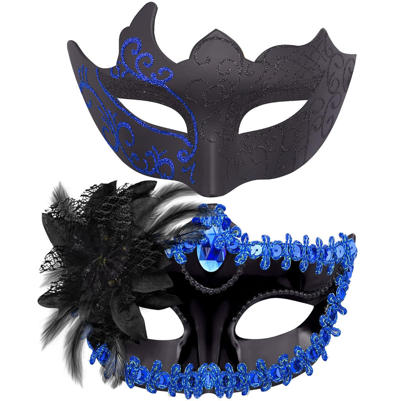 Couple Masquerade Masks Set Venetian Party Mask Mardi Gras Mask - Black & Blue