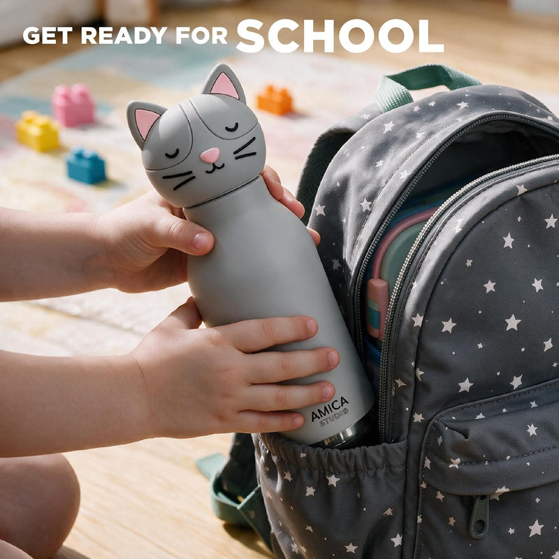 Kids Water Bottle 460ml Insulated Stainless Steel - AMICA STUDIO (Cleo Cat)