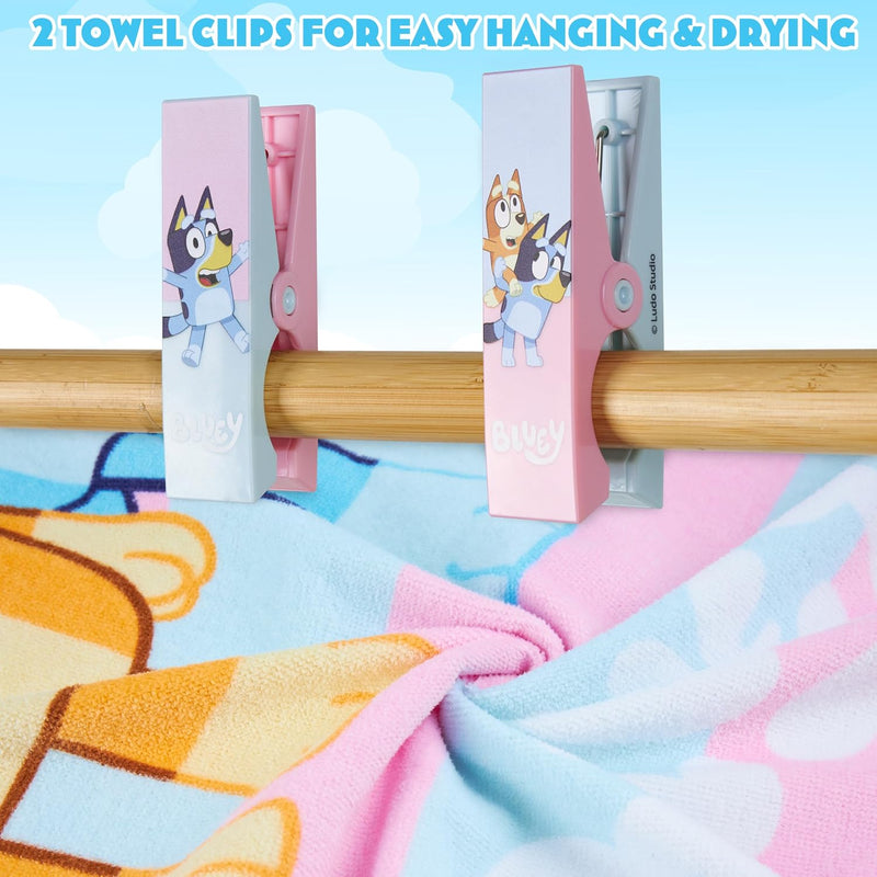 Bluey Towels for Kids with 2 Pegs Clips Beach Towel Soft Absorbent Bath Shower Swimming Towel 100% Cotton Quick Dry Holiday Essentials 140x70cm