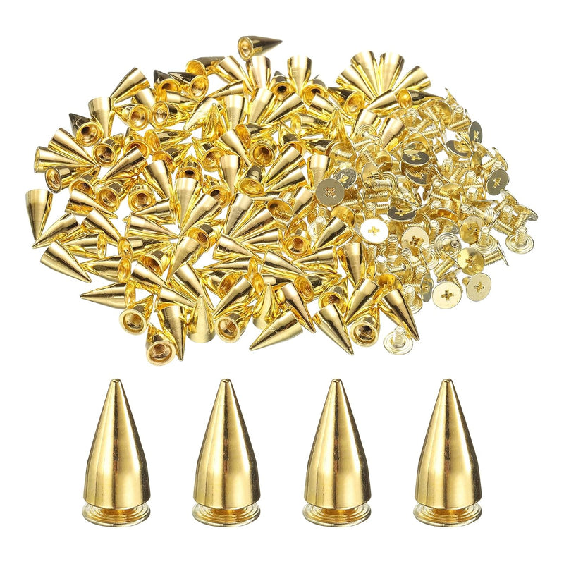 sourcing map 110 Sets Spikes and Studs, 7 x 13mm Cone Spikes Screw Back Studs Rivets, Cone Punk Spikes Rivet for Clothing Belts Bags DIY Leather Crafts, Gold