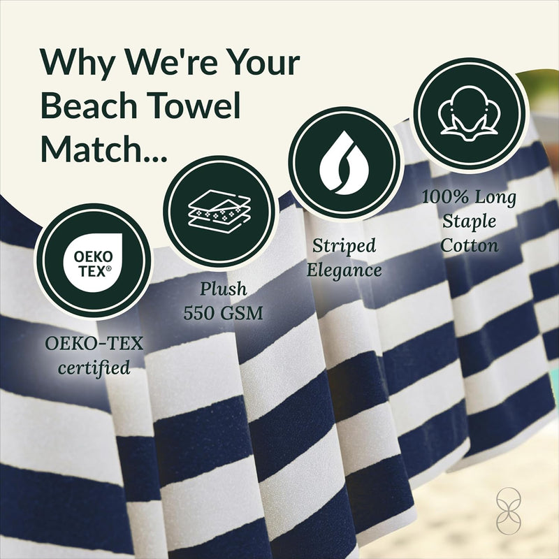 Cloud Scape Linen 2 Pcs Cabana Stripe Beach Towel Set, Oversized Soft Cotton Towel, Quick Dry and Highly Absorbent, Perfect for Beach, Picnic and Fitness, 76x152 cm, Blue