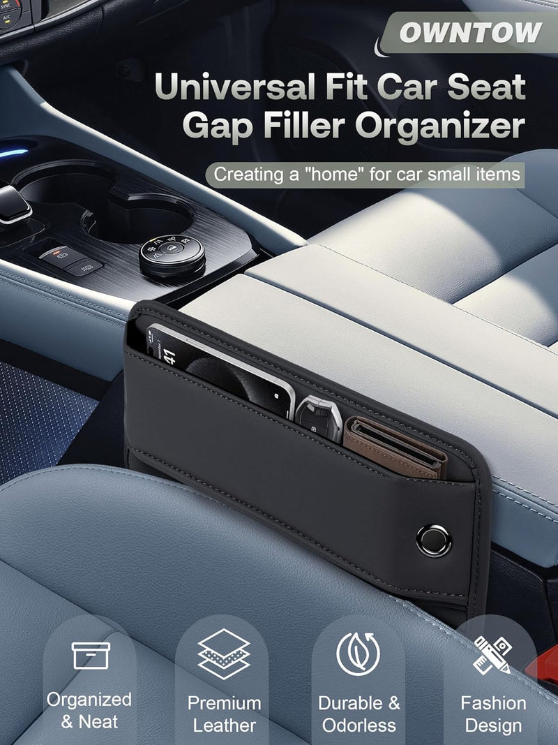 Owntow Universal Fit Car Gap Filler, Premium Leather Car Seat Gap Filler Organizer, Car Organizer Car Accessories for Women Men, Car Essentials for Car SUV Truck (Black, 2 Pack)
