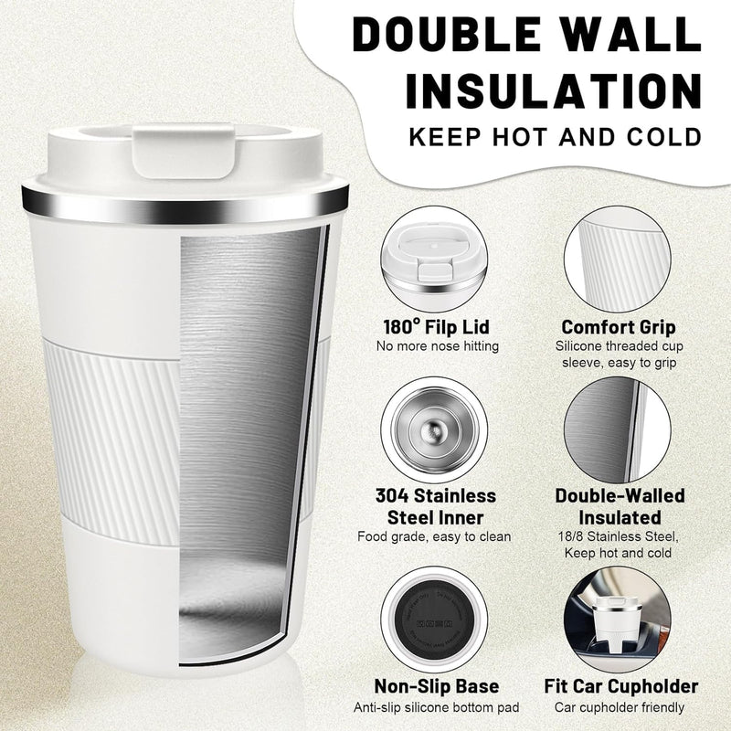 BuyOn Travel Coffee Tumbler Stainless Steel Double Wall Vacuum Hot and Iced Coffee Cup Hydro Flask Drinks Insulated Mug with Leakproof Lid for Home Office Gym Outdoor Work (WHITE, 380ML)