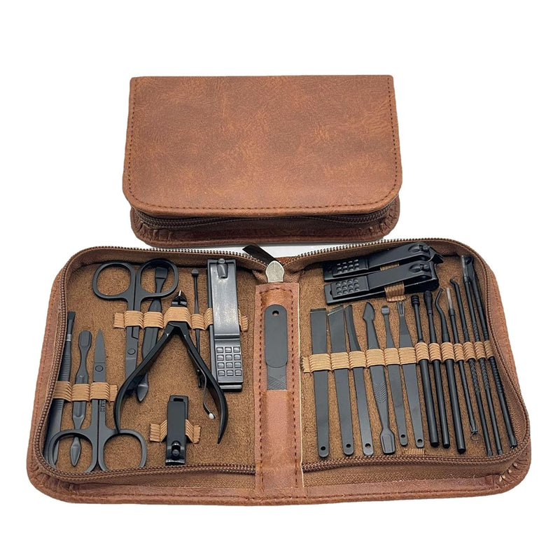 X spring Professional Nail Clippers Set, 25 Pcs Black Stainless Steel Nail Care Kit, Pedicure and Manicure Set with Brown Leather Travel Case, Household Nail Clippers Pedicure Tools for Men and Women