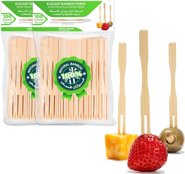 PESCADOR 200 Pcs Bamboo Cocktail Forks Fruit Picks Skewers Sticks Disposable Dessert Wooden Food Forks Tableware Cutlery Fruit Forks Wedding Party Baby Shower Supplies 8.7cm Length (200-Pieces)