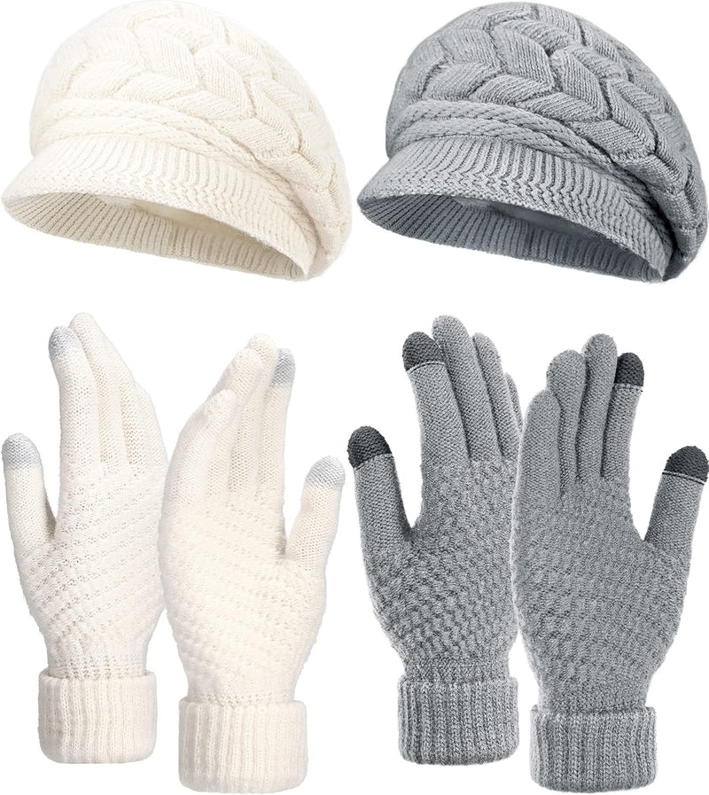 4 Pieces Women Winter Hat and Glove Set, Warm Knitted Beanie Hat Glove Snow Ski Skull Cap with Visor and Touchscreen Glove