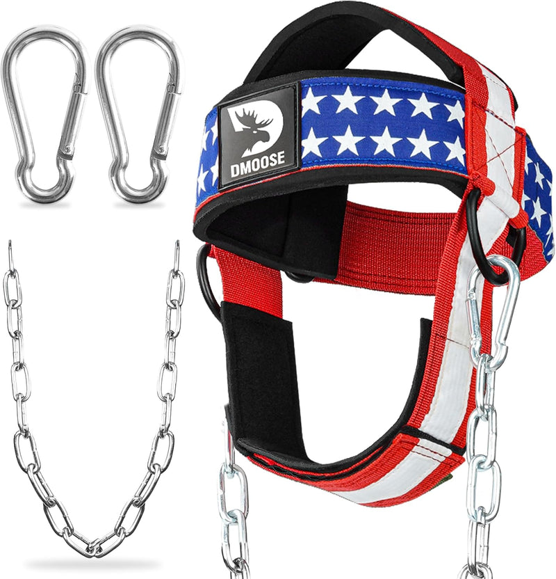 DMoose Neck Harness for Weight Lifting - 30" Heavy Duty Steel Chain - Neck Exerciser, Trainer & Strengthener for Injury Recovery Support & Workout- Adjustable Head & Chin Strap