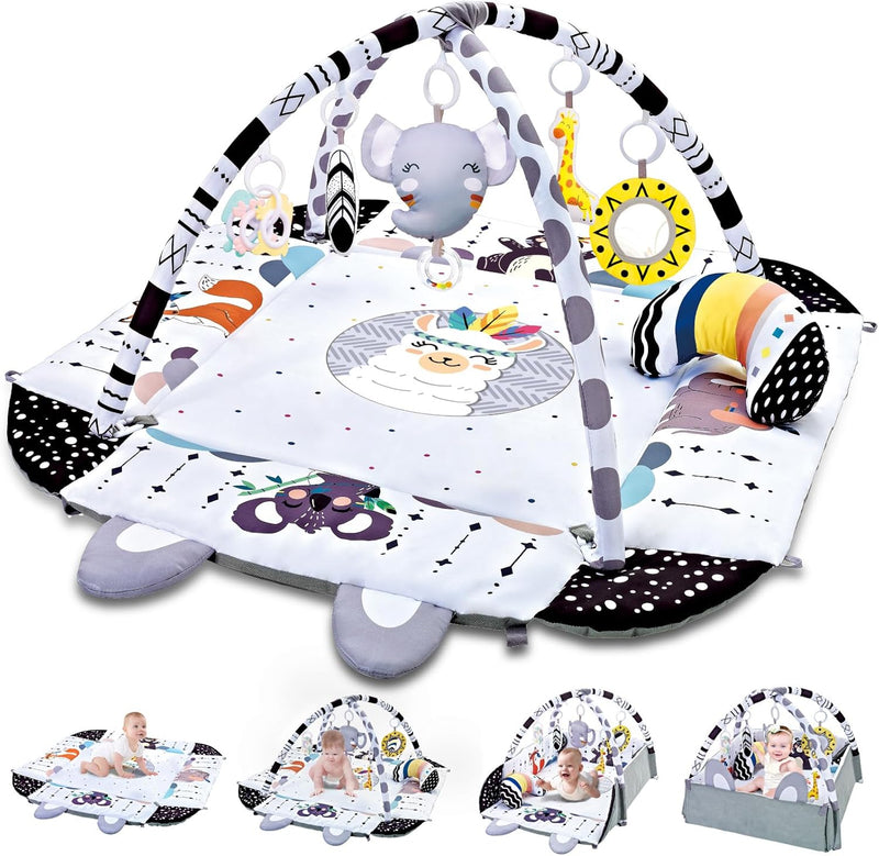 TFDER 7-in-1 Baby Play Gym, Infant Non-Slip Activity Blanket, Crawling Mat with Play Arch and Sensory Toys,Baby Toys 0+ Months,Black and White