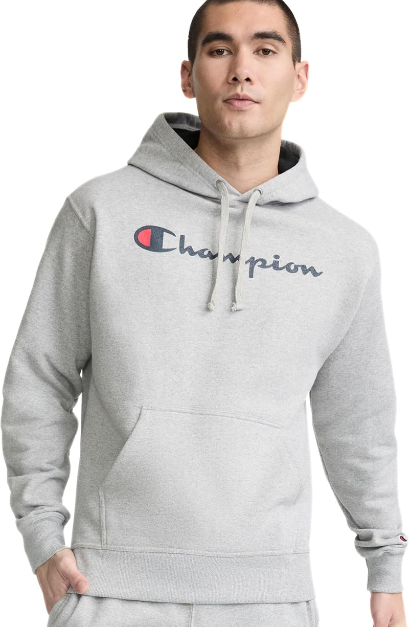 mens Graphic Powerblend Fleece Pullover Hood Hooded Sweatshirt - Oxford Gray Script