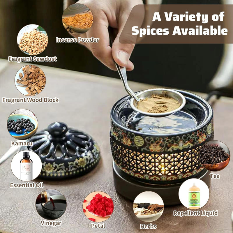 Ceramic Electric Incense Burner, Electronic Aroma Diffuser with Timing Temperature Adjustment and Cover, Resin Frankincense Burner, Used for Indoor Air Purification/Home Decoration/Meditation