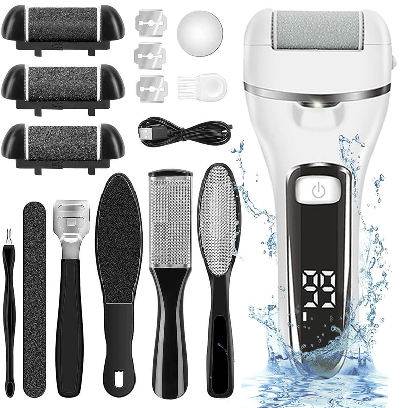 Electric Callus Remover for Feet | Rechargeable Foot File, Electric Foot Scrubber | 18 Piece Pedicure kit for Cracked Heels & Dead Skin with 3 Roller Heads By Quantum Lux (White)