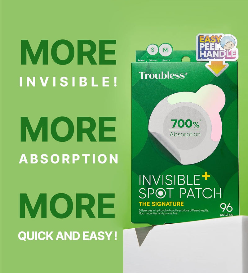 Troubless Invisible Pimple Patch Classic, 96 Patches (2 Sizes) – Ultra Thin Hydrocolloid Spot Treatment for Daytime Use, Easy Peel, Fast Healing, Absorbs Oil & Impurities, For Acne-Prone Skin