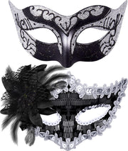 Couple Masquerade Masks Set Venetian Party Mask Costume Mask - Black & Silver