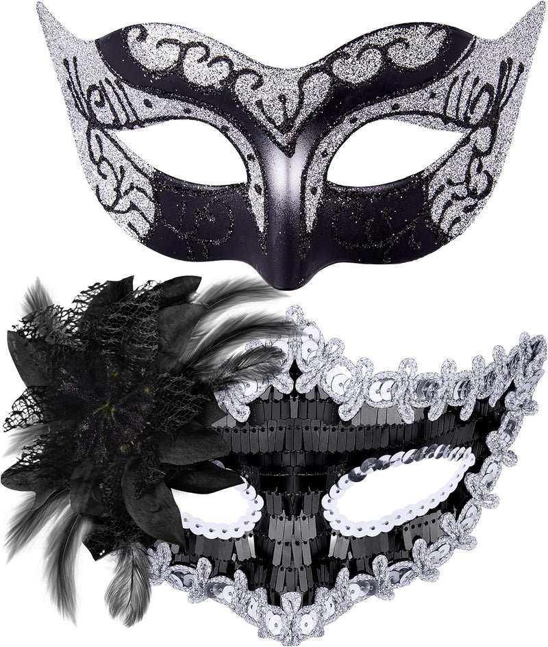Couple Masquerade Masks Set Venetian Party Mask Costume Mask - Black & Silver