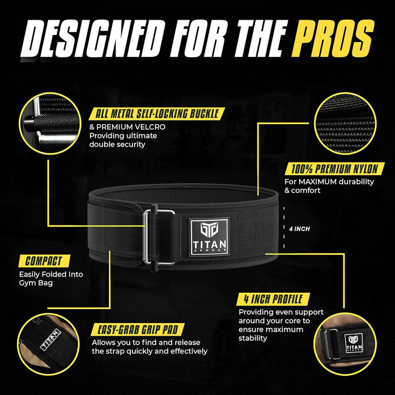 Titan Armour® Self-Locking Weight Lifting Belt | Weight Lifting Straps Included | Gym belt for Crossfit, Powerlifting, Deadlift, Olympic Lifts and Squats | For Men and Women | UK Brand