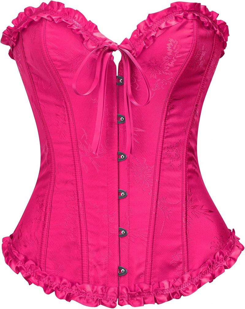Corsets for Women Renaissance Floral Lace up Boned Overbust Corset Bustier Shapewear - Rose-red