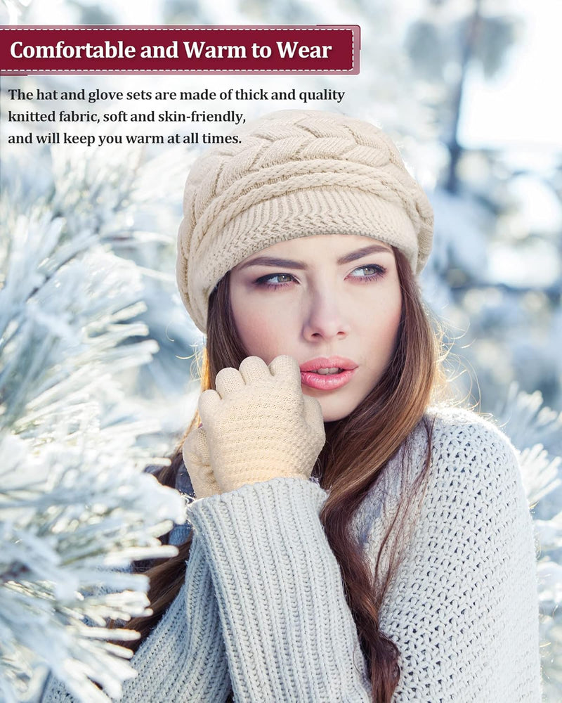 4 Pieces Women Winter Hat and Glove Set, Warm Knitted Beanie Hat Glove Snow Ski Skull Cap with Visor and Touchscreen Glove