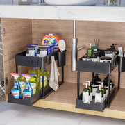 SKY-TOUCH 1pcs Under Sink Shelf Storage Organiser with Sliding Pull Out Drawer,Double Sliding Under Bathroom Cabinet Organization, Kitchen Storage with Hooks,15.6 8.6 13.2cm,Black