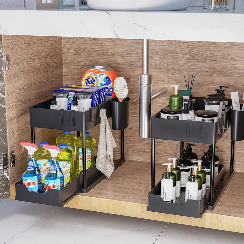 SKY-TOUCH 1pcs Under Sink Shelf Storage Organiser with Sliding Pull Out Drawer,Double Sliding Under Bathroom Cabinet Organization, Kitchen Storage with Hooks,15.6 8.6 13.2cm,Black