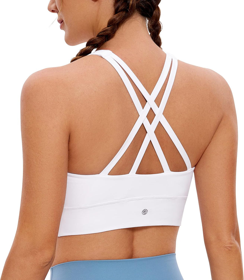 CRZ YOGA Womens Butterluxe Strappy High Neck Longline Sports Bra - Padded Criss Cross Back Workout Sports Bras Crop Tank Top