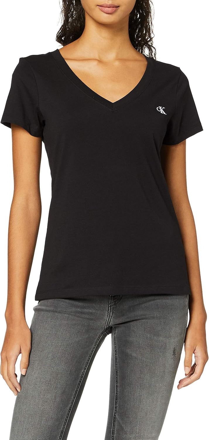 Women's Embroidery Stretch V-Neck Knitwear - Black (Black)