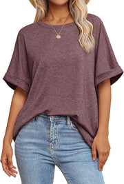 Womens Oversized T Shirts Loose Fit Crewneck Short Sleeve Summer Casual Blouse 2024 Y2K Tee Tops - Wine Red