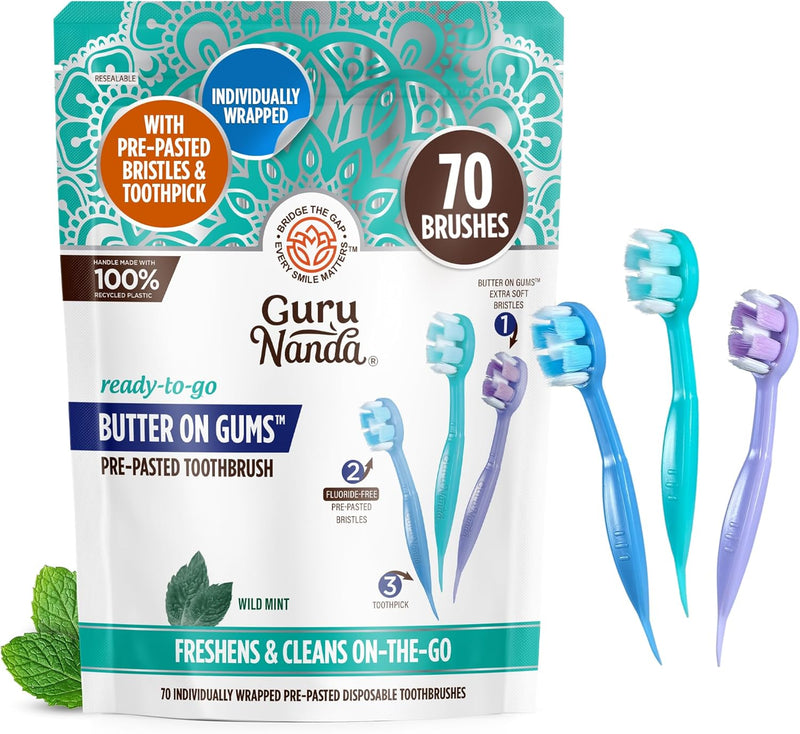 GuruNanda Ready-to-Go Disposable Mini Travel Toothbrushes - Butter on Gums Softex Bristles, Pre-Pasted Toothbrush & Toothpick - Fluoride-Free, No Rinsing Needed, 70 Ct - 70 count (Pack of 1)