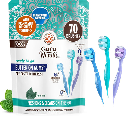 GuruNanda Ready-to-Go Disposable Mini Travel Toothbrushes - Butter on Gums Softex Bristles, Pre-Pasted Toothbrush & Toothpick - Fluoride-Free, No Rinsing Needed, 70 Ct - 70 count (Pack of 1)