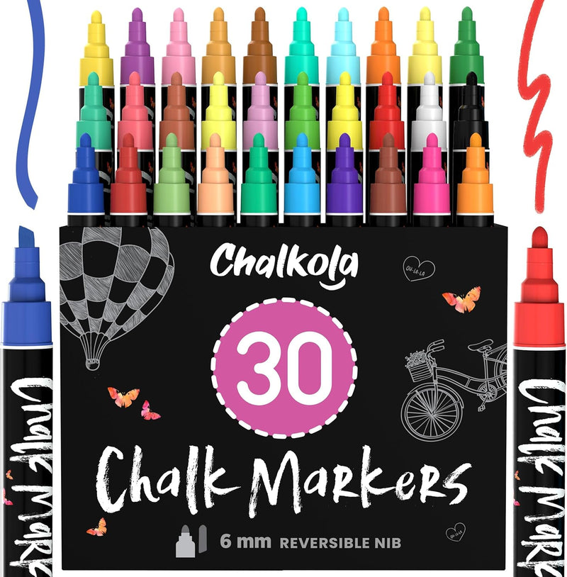 Extra Fine Tip Liquid Chalk Markers (30 Pack 1mm) Pastel + Neon Chalk Pens - Erasable Dry Erase Marker for Chalkboard, Blackboards, Window, Bistro